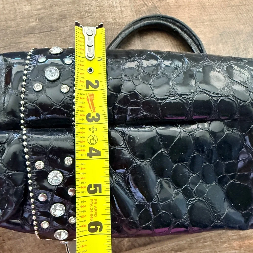 Charm and Luck Y2K Black Rhinestone Buckle Patent Croc Satchel Bag, Medium